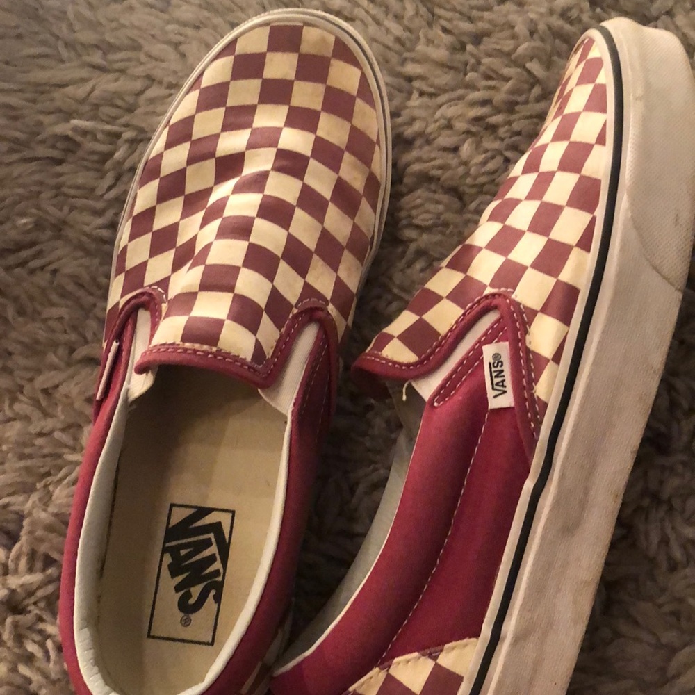 maroon checkered slip on vans